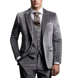 Wiaofellas  -  Velvet Suits for Men Single Breasted Wedding Tuxedo Groom Peak Lapel Slim Fit 3 Pieces Grey Formal Suit Jacket with Pants Vest