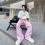 Wiaofellas  -  Summer New Chic Men's Wide Legs Pants Striped Plaid Design Drawstring Casual Pants Streetwear Straight Trousers