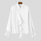 WIAOFELLAS  -  Men Shirt Solid Pleated Ruffle Lapel Long Sleeve Men Clothing Streetwear Loose Fashion Casual Tops Male Shirts S-5XL