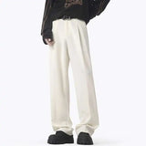 WIAOFELLAS  -  Simple Men's Suit Pants Solid Color Pleated Design Straight Ice Silk Casual Trousers Wide Leg Drape Male Bottom