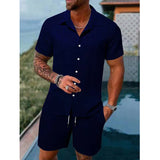 WIAOFELLAS  -  Fashion Men Two Piece Sets Cardigan Short Sleeve Lapel Shirts And Short Pant Men Stripe Outfit Summer Casual Loose Suit