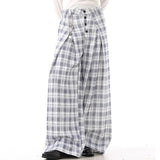 Wiaofellas  -  Men Plaid Pants Button Joggers Loose Casual Wide Leg Trousers Men Pleated Streetwear Baggy Fashion Wide Leg Pants