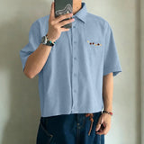 Wiaofellas  -  Men's Shirt Solid Color Streetwear Lapel Short Sleeve Tops Summer Men Clothes Loose Korean Style Fashion Shirts For Man