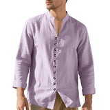 Wiaofellas  -  Spring and Autumn New Style Shirt Long Sleeve Men's Casual Retro Lapel French Henry Collar Single Breasted T-shirt