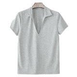 Wiaofellas  -  Spring Summer Men's V Neck Short Sleeve T Shirt Breathable Lightweight Casual Business Basic Tee Tops