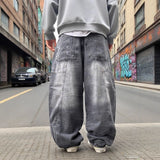 Wiaofellas  -  Loose Wide-leg Jeans Street Trend Washed Retro Loose Men's Dark Gray Fashion Pants