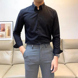 WIAOFELLAS  -  Spring New Simple Solid Color Business Casual Long Sleeved Shirt Men's Slim Fit Korean Version Youth Handsome No Iron Shirt