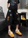 WIAOFELLAS  -  Waed American Floral Embroidery Jeans High Street Trendy Wide Leg ort Pants Men Design Six Straight Tube Pants Cotton Polo