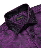 Wiaofellas - Luxury Silk Polyester Casual Shirts for Men Long Sleeve Blouse Prom Tuxedo Formal Purple Paisley Designer Men Clothing