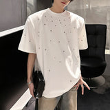 WIAOFELLAS  -  Shoulder Padded Men's Tees Handmade Pearl Design Simple Solid Color Tops Summer Short Sleeved Loose Male T-shirts