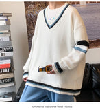 WIAOFELLAS  -  Autumn Winter New Men's Korean Loose Knitted V-neck Casual Sweater Outdoor Fashion Trend Comfortable Breathable Hoodie