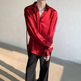 WIAOFELLAS  -  Fashion Men's Solid Color Ribbon Turn Down Collar Shirts Trendy Long Sleeves Single-breasted Tops Male Summer