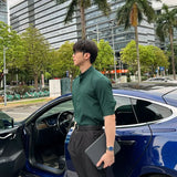 WIAOFELLAS  -  Summer New Stand Collar Fashion Half Sleeve Shirt Man High Street Casual Slim Button Cardigan Solid Color Office All-match Tops