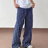 WIAOFELLAS  -  Blue Checkered Straight Leg Pants Mens Retro Trendy Loose Couple Casual Trousers Multiple Buckles College Pantalones Hombre