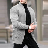 Wiaofellas  -  Men's Winter Knit Cardigan Jacket Luxury Jacquard Button-down Sweater Fashion Long Sleeve Solid Color Stand Collar Pocket Coats