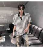 WIAOFELLAS  -  Trendy Men's Striped Contrast Color Shoulder Pads Loose T-shirts Fashion Casual Short Sleeves Lapel Tops Male Summer
