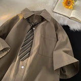 Wiaofellas  -  Men Japanese Style Summer Short Sleeve Shirt with Tie DK Uniform Retro Loose School Blouse Plus Size