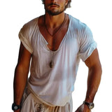 Wiaofellas  -  Vintage Loose Short Sleeve V Neck Tops Men Seaside Beach Vacation Leisure Solid Color T-shirts Mens Summer New Casual Pullovers
