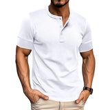 WIAOFELLAS  -  Summer Henry Collar T-Shirt for Men Solid Short Sleeve Button Casual Tshirt Fashion Tees Mens Clothing