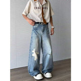 WIAOFELLAS  -  Vintage Summer Men's Broken Hole Design Wash Straight Denim Pant Fashion Trendy High-waisted Wide Leg Jeans Male 2A0026