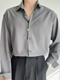Wiaofellas  -  Spring Senior Lake Blue Shirts Men Long Sleeve Luxury Chiffon Casual Korean Fashion Loose Drape Ice Silk Button Up Shirt Blouse