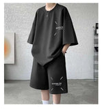 WIAOFELLAS  -  Fashion Men's Suit Solid Color Letter Print O-neck T-shirt Trendy Drawstring High-waisted Shorts Set Male Summer
