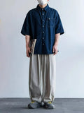 Wiaofellas  -  Retro Japanese Style Loose Men's Denim Shirt Short Sleeve Blue Jeans Outerwear Couple's Summer New Arrival Workwear