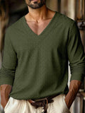 Wiaofellas  -  Autumn New Men's Plaid Pattern Jacquard Fabric V-neck Casual Sports Off-shoulder Sleeve Long-sleeved T-shirt
