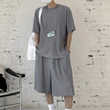 WIAOFELLAS  -  Men Sets Solid Color Pleated O-Neck Short Sleeve T Shirt & Shorts 2PCS Streetwear 2025 Fashion Men's Casual Suits Summer
