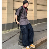 WIAOFELLAS  -  Loose Large Pockets Cargo Jeans Men and Women Korean Fashion Streetwear Straight Wide-leg Pants Retro Hip-hop Drape Long Pants
