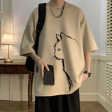 WIAOFELLAS  -  Men Short Sleeved T-shirt Suede Velvet Summer Cartoon Print Tops Loose Fitting Quarter Sleeves Leisure Time Cat Printing Hatless