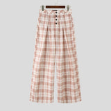 Wiaofellas  -  Men Plaid Pants Button Joggers Loose Casual Wide Leg Trousers Men Pleated Streetwear Baggy Fashion Wide Leg Pants