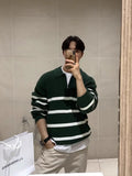 WIAOFELLAS  -  Korean semi-zipper striped color-blocking men's autumn and winter style trendy and versatile warm lapel sweater jacket