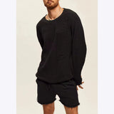 Wiaofellas  -  Spring Autumn New Sweater Sportswear Set Men's Loose Vintage Hole Long Sleeve Knit Tops And Shorts Two Piece Suits For Male