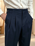 Wiaofellas  -  Autumn Winter Men Beige Solid Neapolitan Pleated High Waist Wide Leg Suit Trousers, Button Detail Light Business Pants for Commu
