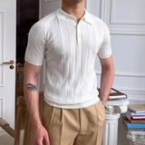 WIAOFELLAS  -  Casual Men's Slim Elastic Knitted Polo Shirt 2024 Spring Summer Short Sleeve Lapel Button Knit Tops Men Clothes Fashion Pullover