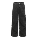 Wiaofellas  -  American Retro Baggy Denim Pants for Unisex Ruched Folded Wide Leg Jeans Multi Pocket Cargo Style Loose Casual Trousers