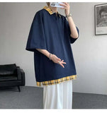 WIAOFELLAS  -  Fashion New Men's Spliced Plaid Fake Two Pieces Casual T-shirt Trendy Turn Down Collar Short Sleeve Tops Male Summer