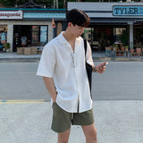 Wiaofellas  -  Men's Summer Cuban Collar Short Sleeve Shirt - Loose Fit Korean Style Casual Beach Resort Button Down Top