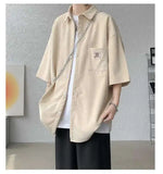 WIAOFELLAS  -  Fashion Men's Solid Color Pocket Design Short Sleeves Blouse Trendy Single-breasted Lapel Casual Shirts Male Summer