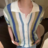 Wiaofellas  -  Leisure Breathable Hollow Out Shirt for Men Summer Beach Casual Short Sleeve Knitted Shirts Mens Fashion Striped Knitting Tops