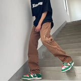 WIAOFELLAS  -  Spring American Cargo Pants Men Vintage Loose Skinny Straight Brown Jeans High Street Hems Zippered Denim Trousers