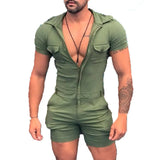 Wiaofellas  -  Men's Solid Color Hooded Bodysuit Zip Shorts One Piece Set