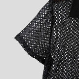 WIAOFELLAS  -  Summer Men's Pure Black Lapel Sweater Loose See-through Short-sleeved T-shirt Men's Bar Dancing Sexy Mesh Shirt