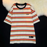 WIAOFELLAS  -  Men T Shirts Street Retro Striped Short-sleeved T-shirt Women Cotton Summer Loose Ovesize Round Neck Daily Tops Tees