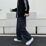 WIAOFELLAS  -  Korean Fashion Spring Autumn Solid Color Elastic Pockets Trousers Wide Leg Cargo Men's Clothing High Waisted High Street Pants