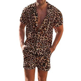 Wiaofellas  -  Leopard Print Men's Two Piece Set Short Sleeve Turn-down Collar Shirt And Shorts Loose Casual Suits Summer Fashion Outfits Male