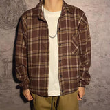 Wiaofellas  -  Harajuku Plaid Printing Shirts Men Spring Vintage Long Sleeve Buttoned Lapel Cardigan Tops Mens Clothes Stylish Mens Shirt Top