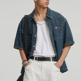 WIAOFELLAS  -  American Style Men's Denim Shirts Lapel Pocket Solid Color Short Sleeve Loose Tops Single Breasted Male Shirt Chic