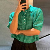 WIAOFELLAS  -  Mens Knit Polo Shirt Textured Weave Hollow Korean Niche Summer Short Sleeve Top Breathable Thin Relaxed Fit lapel Daily Mens Top